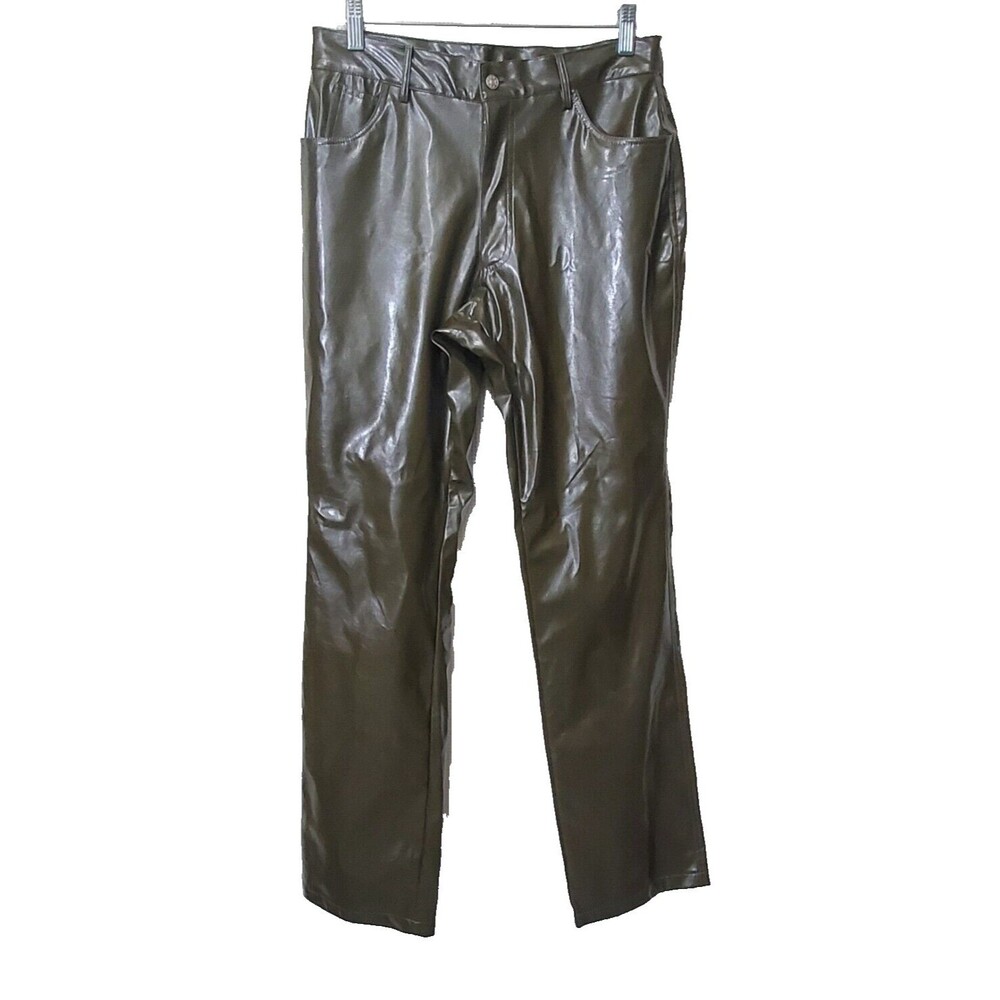 Outer Edge Pants Womens Jr 11 12 Olive Green Faux Leather Polyurethane PVC Shiny